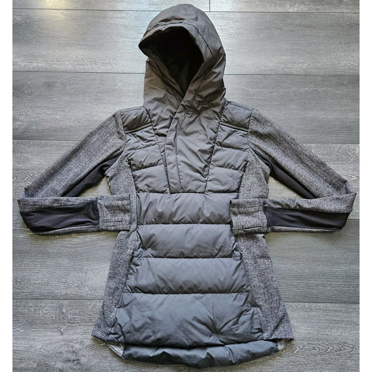 Lululemon Fluff Off Pullover Jacket Women 4 Gray Hooded Goose Down Slim Running